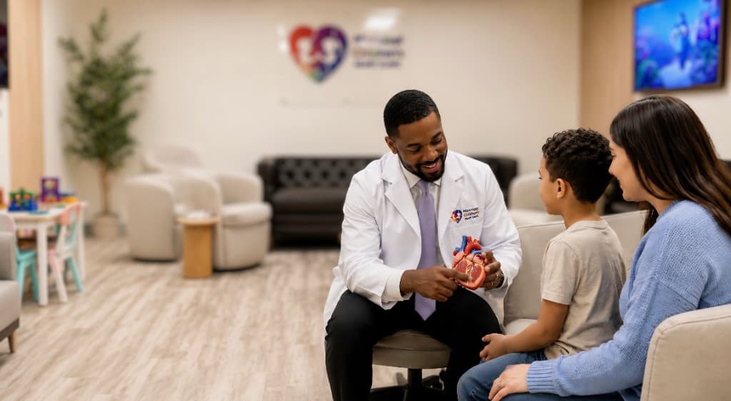 Pediatric cardiologist reviewing a heart model with a child and parent