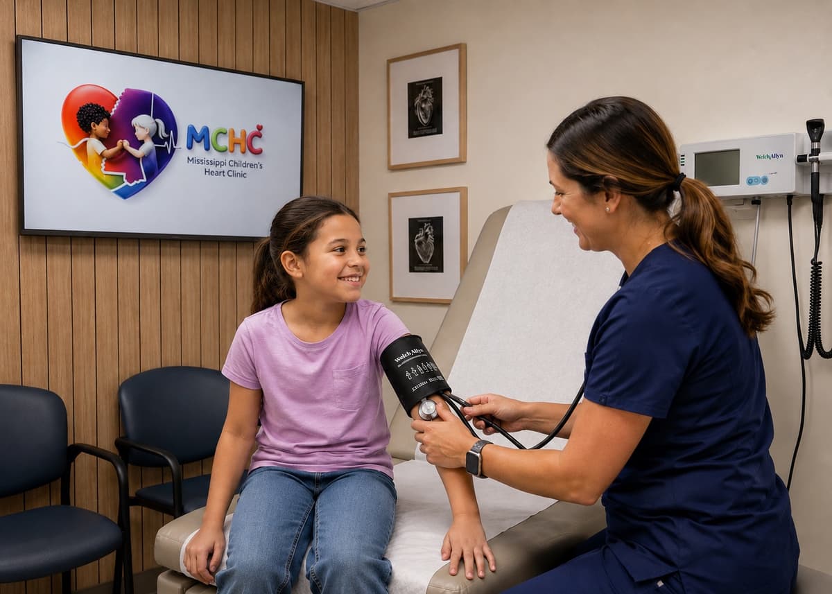 A nurse measuring a young girl’s blood pressure in an exam room at Mississippi Children’s Heart Clinic