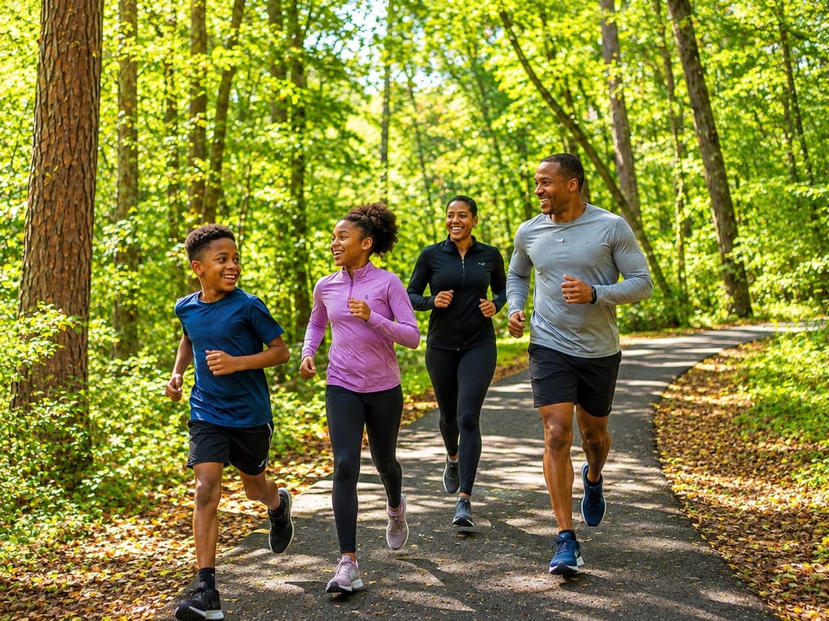 A family jogging together on a shaded trail on a sunny afternoon