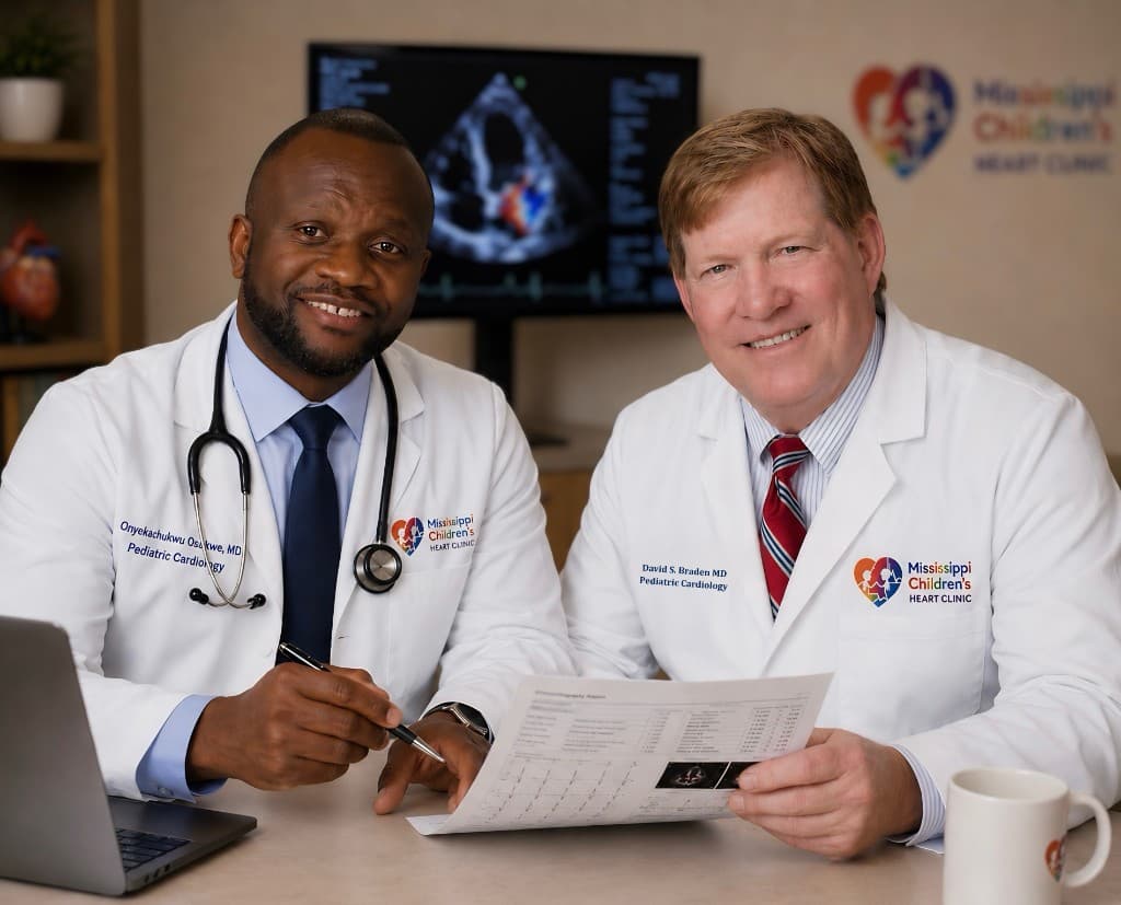Dr. Osakwe and Dr. Braden, pediatric cardiologists at Mississippi Children's Heart Clinic