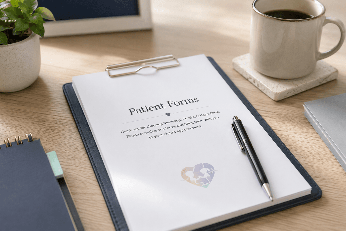 Mississippi Children's Heart Clinic patient forms on a clipboard, ready to complete before your visit
