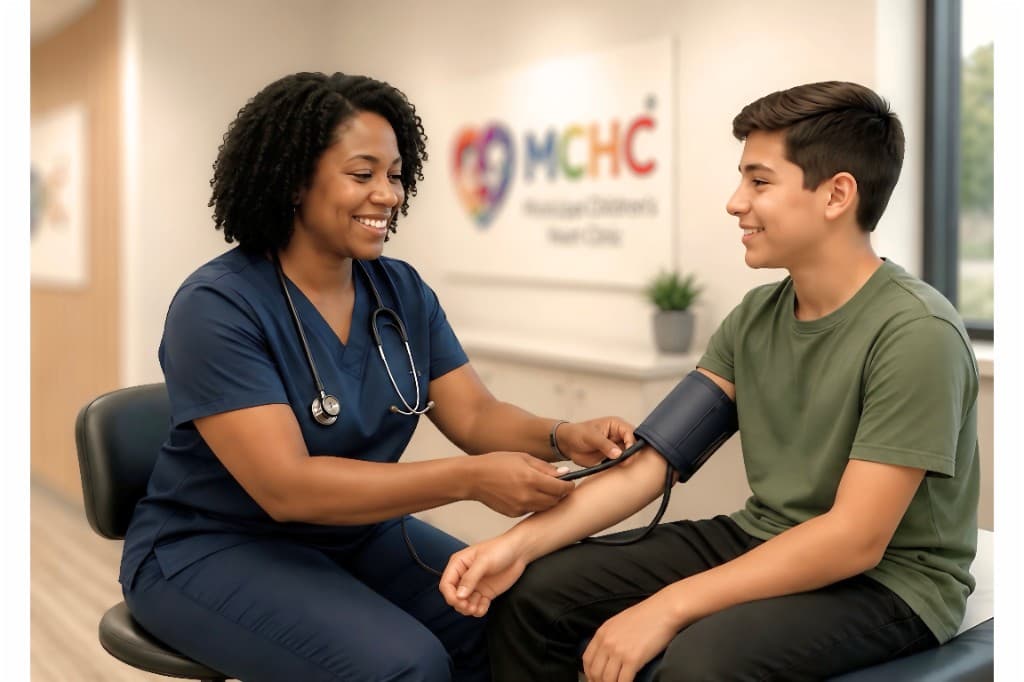 Nurse checking blood pressure for a teenage patient