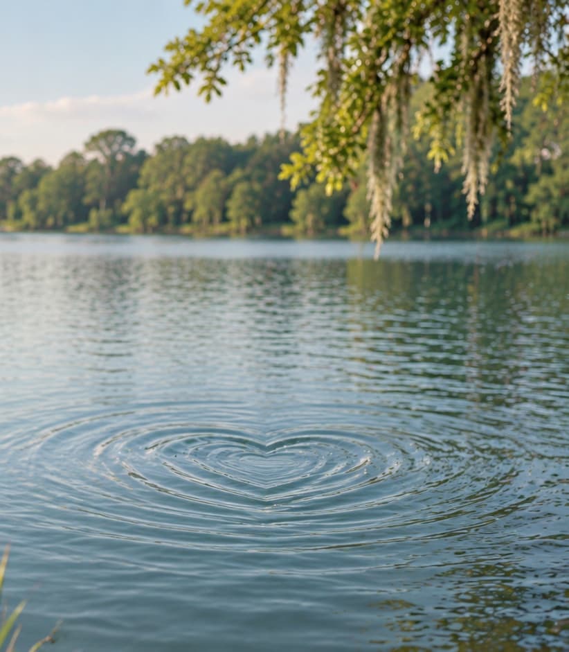 Heart-shaped ripples spreading across the calm surface of a Mississippi lake